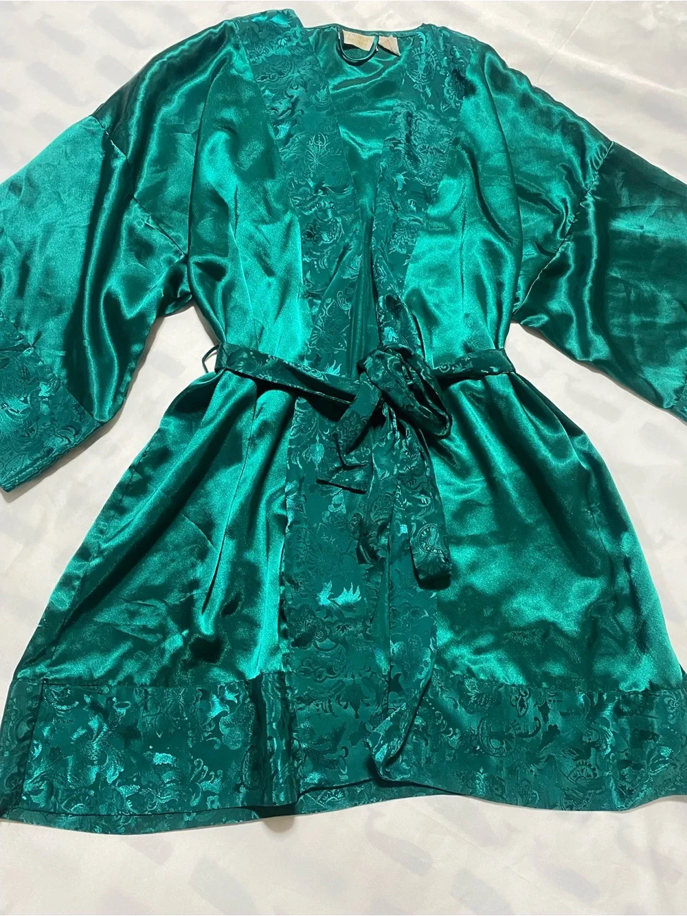 90’s Victoria's Secret gold label  Emerald Satin Kimono Robe with Jacquard Trim